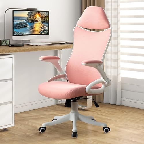 Airdown Escritorio ergonómico rosa de oficina con soporte lumbar ajustable y brazos abatibles, silla de trabajo ejecutiva giratoria de malla con
