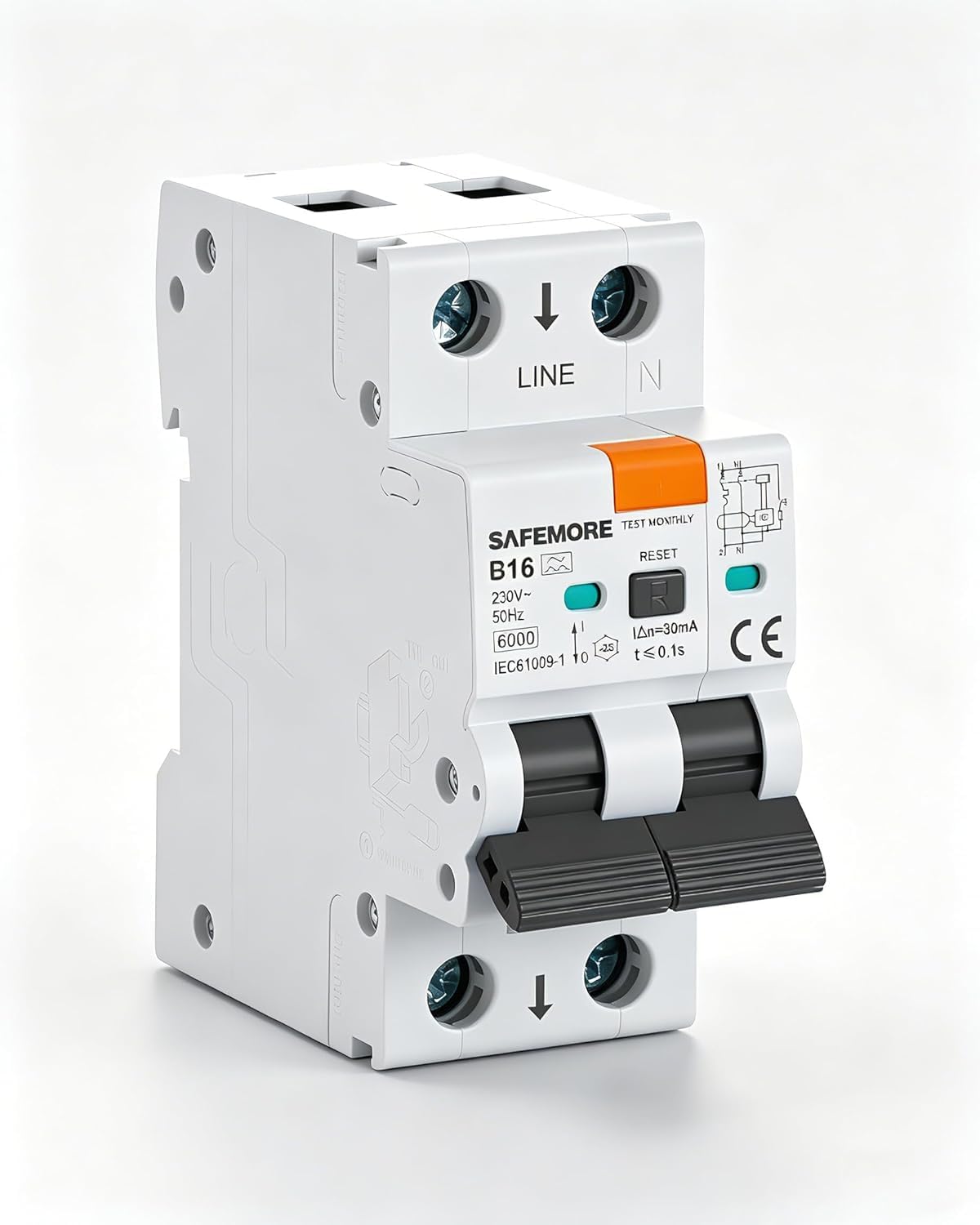 Bidirectional Wiring RCBO 16A 30mA Type A 1P+N,SAFEMORE 6kA B Curve Residual Current Breaker with Overload and Short Circuit Protection,DIN Rail Mount Ideal for Solar PV,EV Chargers&UK Consumer Units