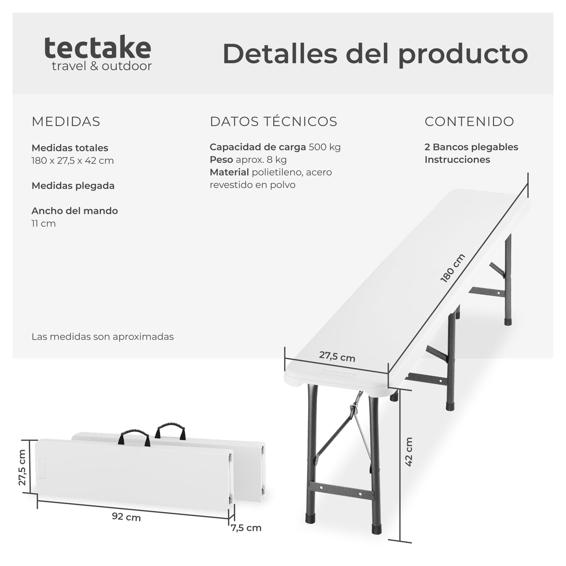 tectake® Set de 2 Banco Plegable Camping 180 cm, Banco Jardin Exterior Cap. Carga: 500kg, Terraza, Mobiliario Jardin y Terraza Exterior, Camping Accesorios, Banqueta, Patio, Bancos - Blanco