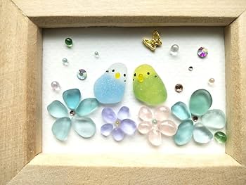 シーグラスアート 3羽の仲良しインコ　小鳥　うちの子グッズ ちーちゃんさま専用ページ シーグラスアート インコちゃん3羽