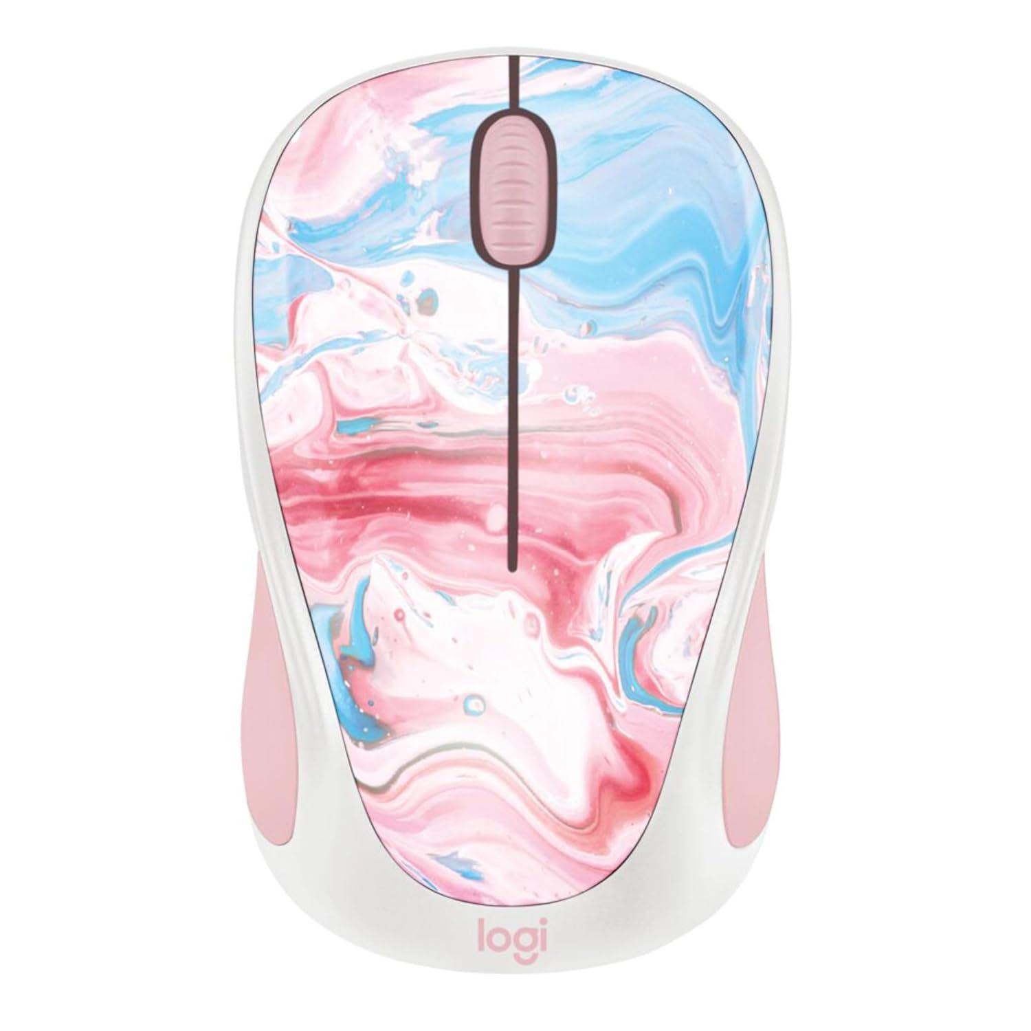 Logitech Design Collection Wireless Mouse, top view, showing its colorful cotton candy design.