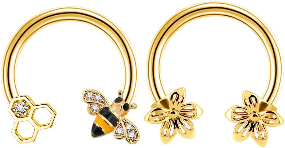 2PCS Septum Ring 16G 316L Surgical Steel Cartilage Earring Hoop Nose Ring Cute Bee Captive Bead Rings Tragus Daith Rook Helix Piercing Jewelry