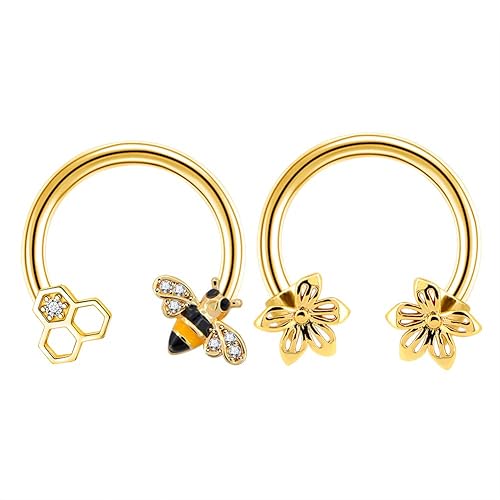 Jewseen 2PCS Septum Ring 16G 316L Surgical Steel Cartilage Earring Hoop Nose Ring Cute Bee Captive Bead Rings Tragus Daith Rook Helix Piercing Jewelry - gold