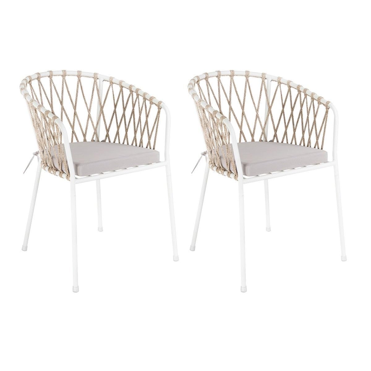 LOLAhome Set 2 Sillas de Jardín Myra de Acero y Cuerda Trenzada Color Blanco, 52x51x80 cm, Cojín Incluido, Ergonómica, Diseño Elegante y Resistentes, Patas Desmontables Uso Exterior