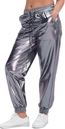Womens Shiny Metallic Pants Wet Look Hip Hop Jogger Sweatpants Holographic Glitter Pants Rave Dance Pants with Pockets