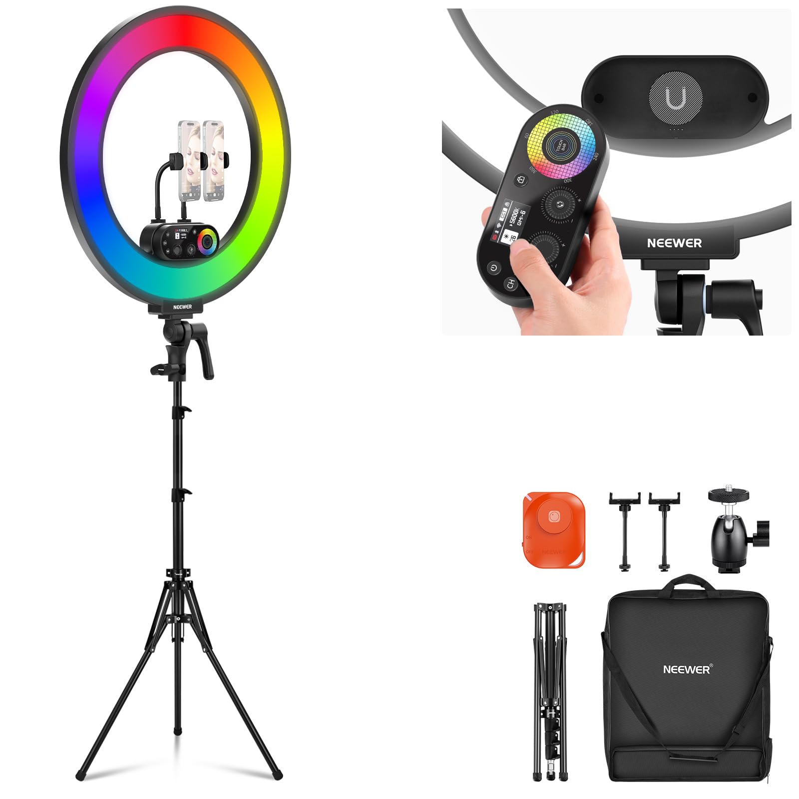 NEEWER RL45C 18" 45W RGB LED Ringlicht Edge Lit Licht mit Handy Stativ Fernbedienung CRI95+ 3100lux/0,5m 2500K-10000K 360° Vollfarben App/2,4G Steuerung Kompatibel mit iPhone Selfie Make up Videos