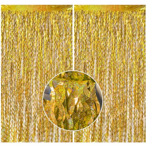 2 Pack Gold Fringe Curtain Backdrop Tinsel Streamers Birthday Party Decorations Photo Booth Backdrop...