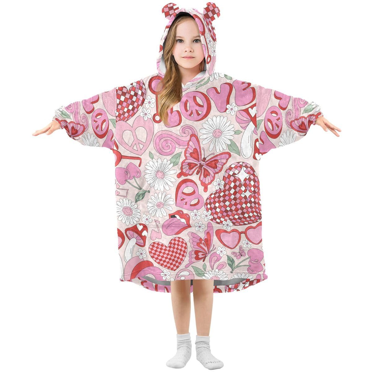 Valentine serce kwiat stokrotka dziecięcy koc do noszenia bluza z kapturem oversize bluza koc pulower wzór motyla dla chłopców dziewcząt w wieku 3-14 lat