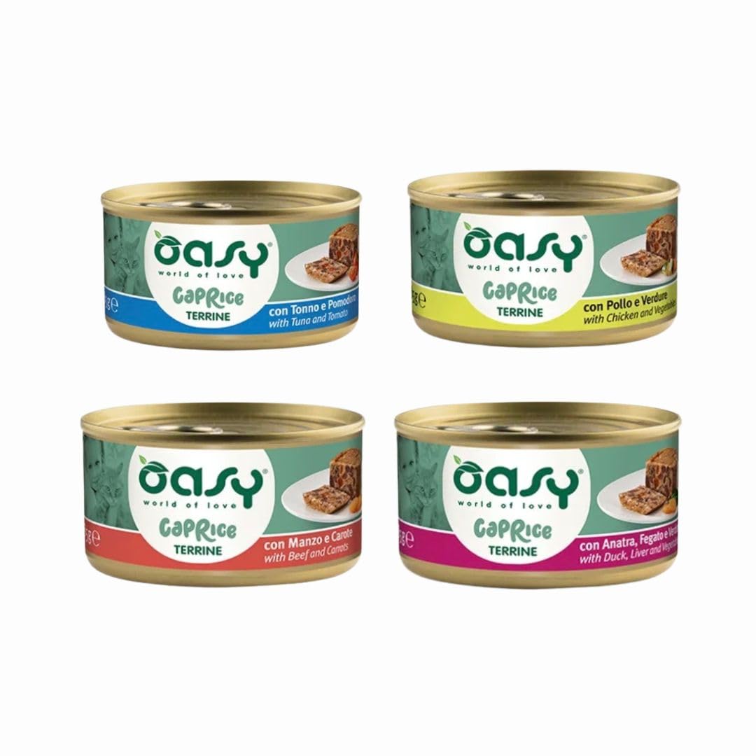 Oasy Caprice TERRINE per gatti adulti e cuccioli di tutte le taglie GUSTI ASSORTITI | 24 scatolette da 85 grammi l'una.