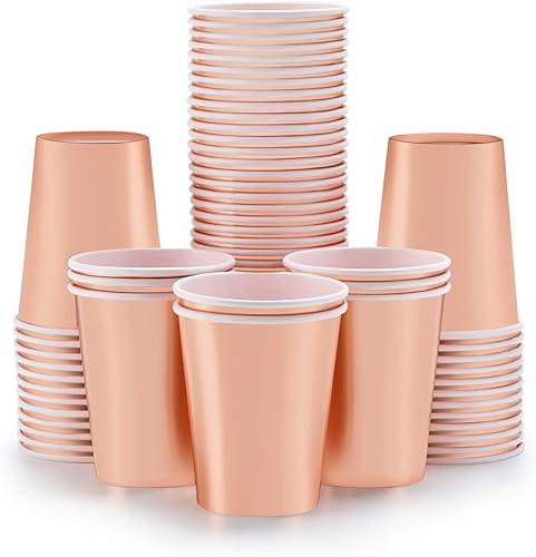 Vasos de papel de oro rosa de 9 onzas [paquete de 50] desechables para bebidas frías y calientes, té, café, agua, leche, jugo, purpurina, disponible en Yaxa Costa Rica