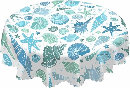 Miniatura 1 de AOYEGO Mantel redondo de verano con diseño de estrellas y conchas marinas, conchas y estrellas de mar y conchas azules, 60 pulgadas para comedor,