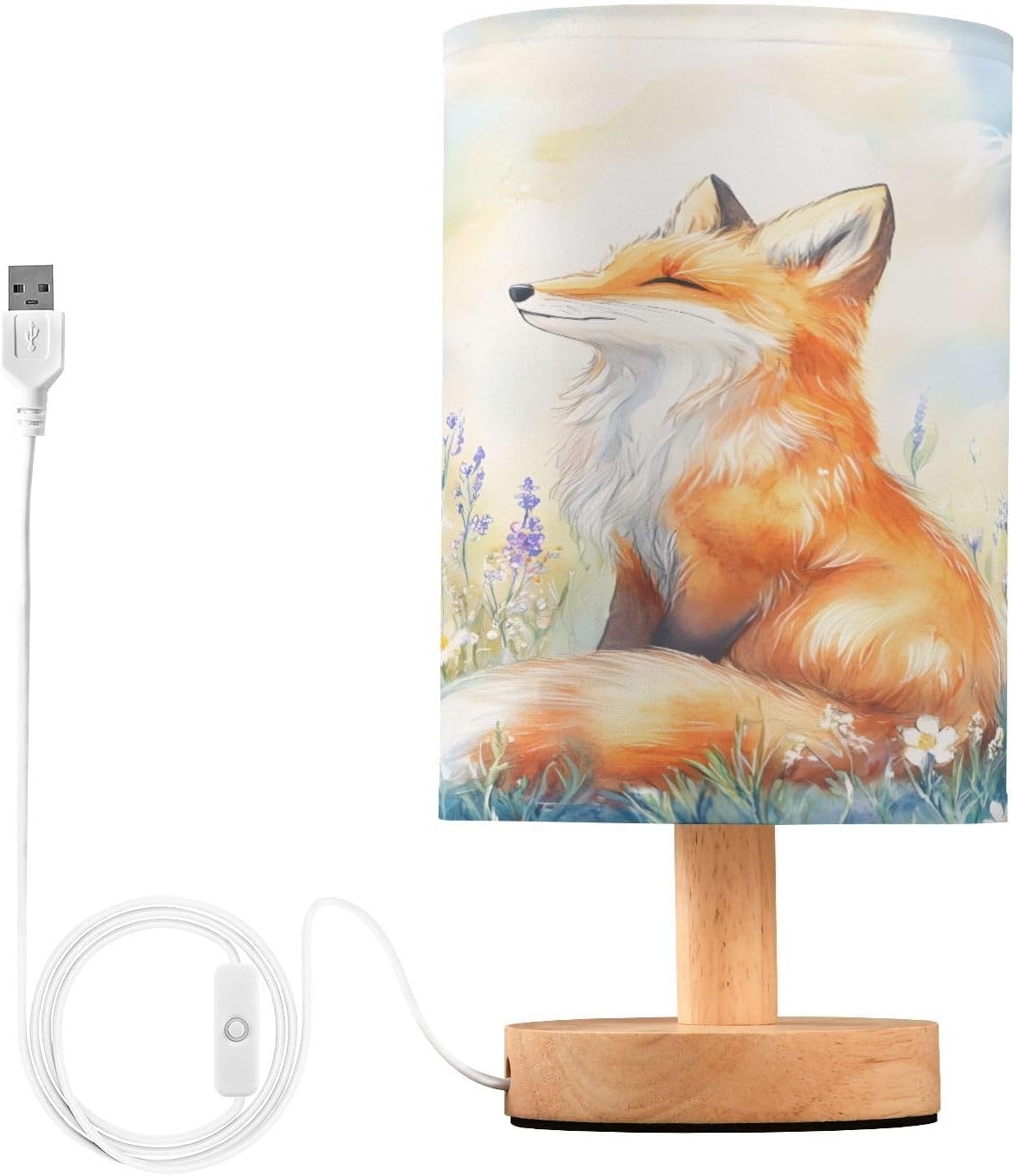 Table Lamp Starry Fox Cloud Bedside Nightstand Lamps Decorative Fabric Shade Light with Wood Base for Bedroom, Living Room, Office