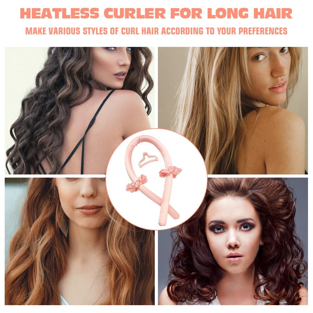 AADCART Heatless Curling Rod Headband No Heat Silk Ribbon Curling Rod Hair Roller Curls with Hair Claw Clip Lazy Natural Soft Wave DIY Hair Rollers Styling Tool for Sleep in Overnight (Pink) 1