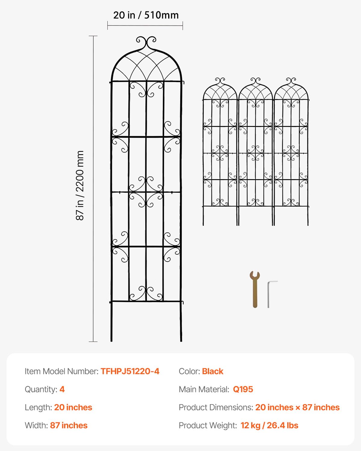 VEVOR Enrejado de Metal para Plantas Trepadoras 51 x 220 cm Soporte para Rosas Trepadoras 4 Piezas Arco para Enredaderas Soporte para Pepinos Decorativo para Clemátides para Patio, Césped, Jardín