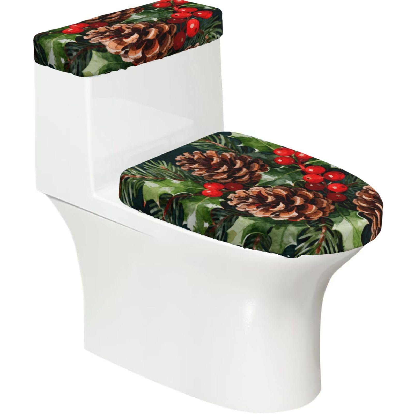 Pinecone Holly Berries Elastic Toilet Cover Set of 2-Stretchy Lid and Tank Covers for Bathroom, Soft Washable U Shape Toilet Decor