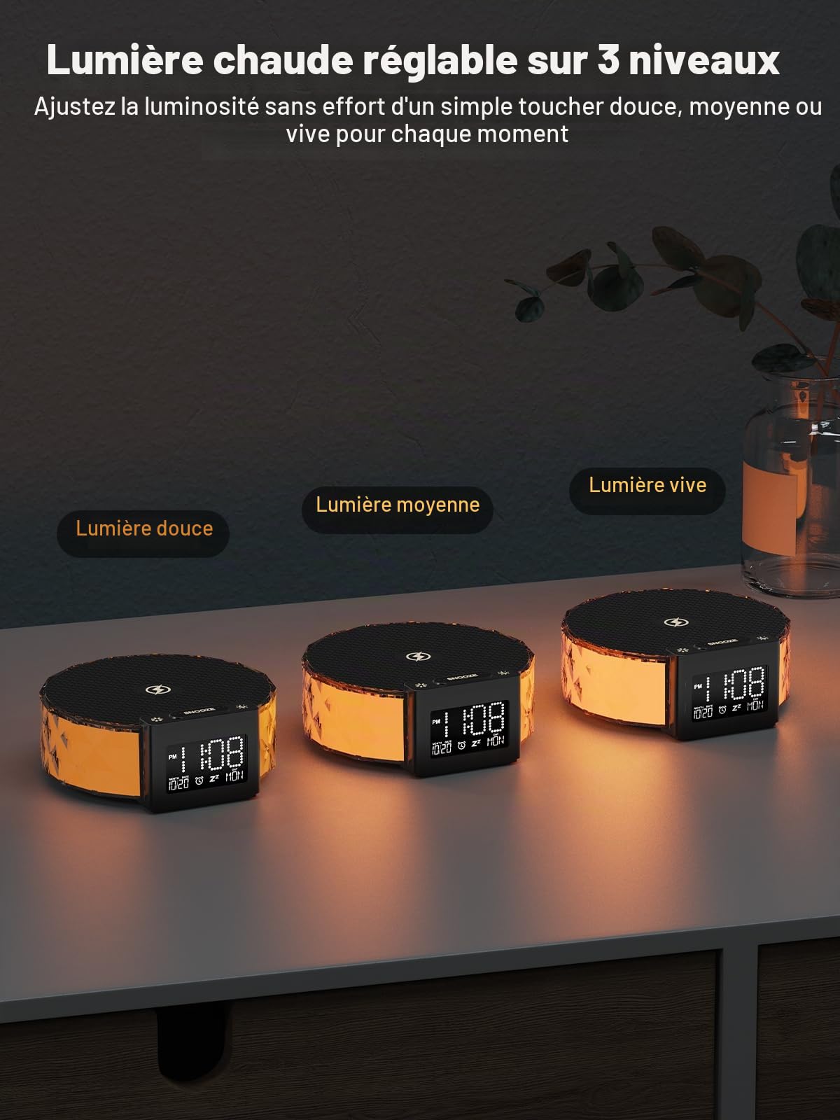 Smiling Shark Lumière de Réveil, Intelligente Lampes Réveil Charge sans Fil avec Contrôle Tactile 3 Niveaux et Éclairage RGB Veilleuse Ambiance Reveil Lampe de Chevet Chargeur pour Chambre Décor