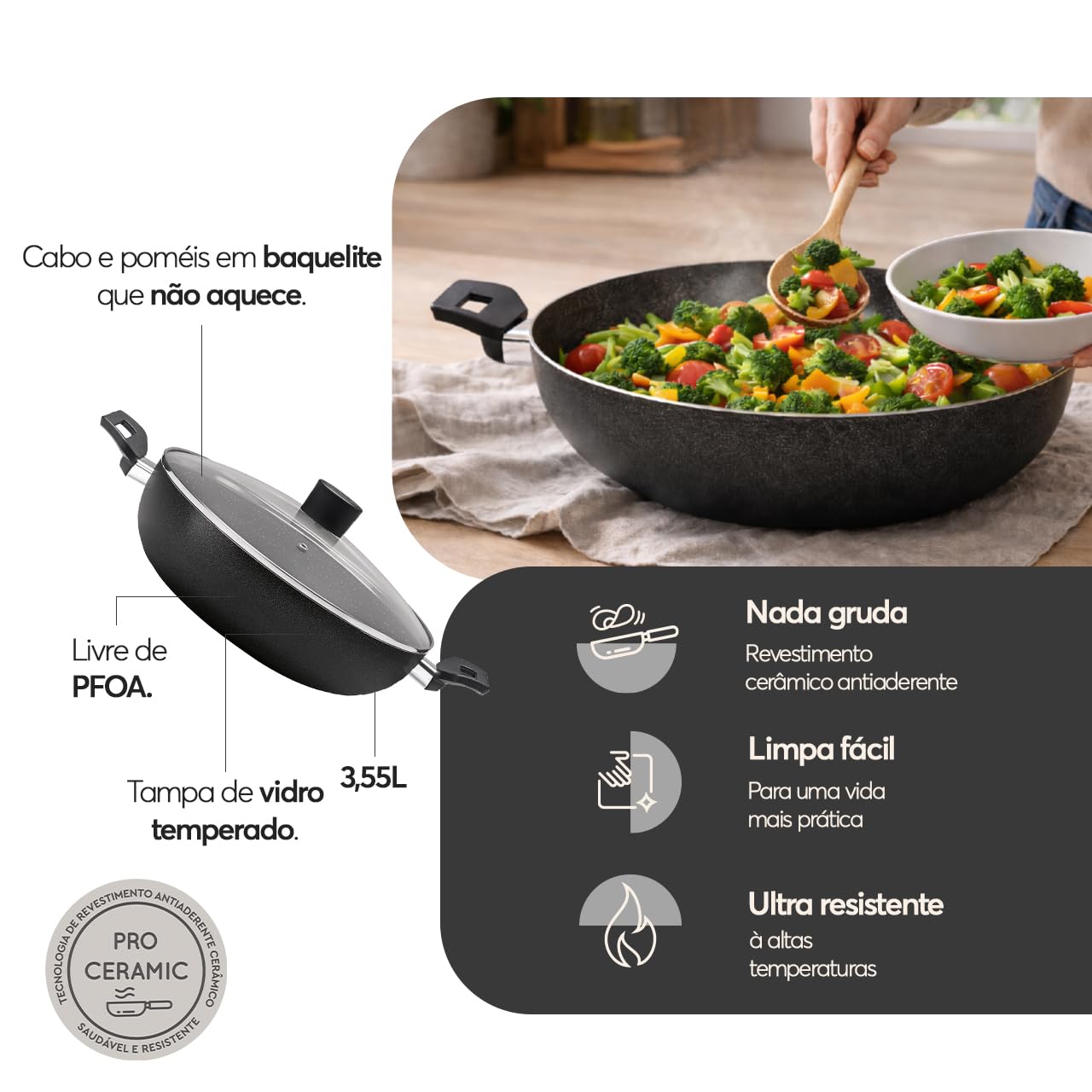 Wok com Tampa e Alças Brinox Ceramic Life Naturalle Ø28cm 3,55L