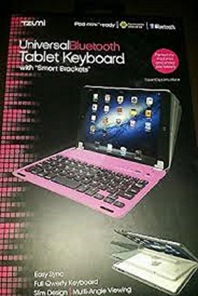 Tzumi Universal Bluetooth Tablet Keyboard in pink, with a tablet securely placed in its smart brackets, displaying a home screen with app icons.