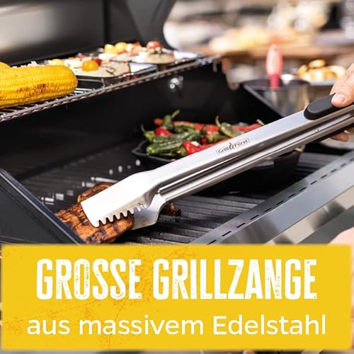 Grillfürst Premium Edelstahl Grillzange - BBQ Grillzange mit Spatelkopf - Grillwerkzeug mit Ösen zum Aufhängen