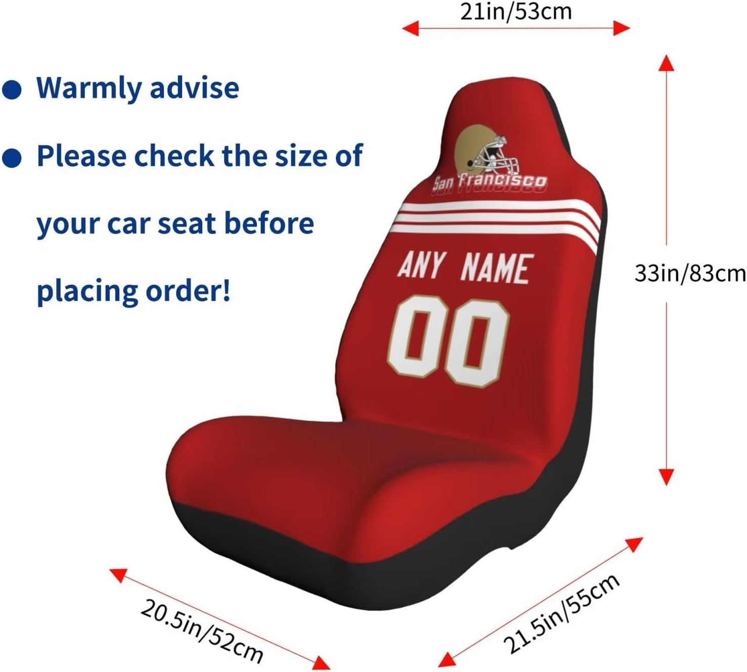 Custom Football Car Seat Covers, Customized San Francisco Gifts Personalized Name and Number Car Accessories, Elastic Car Front Seat Protector Cover, Universal Size Fit Most Car, 1PC