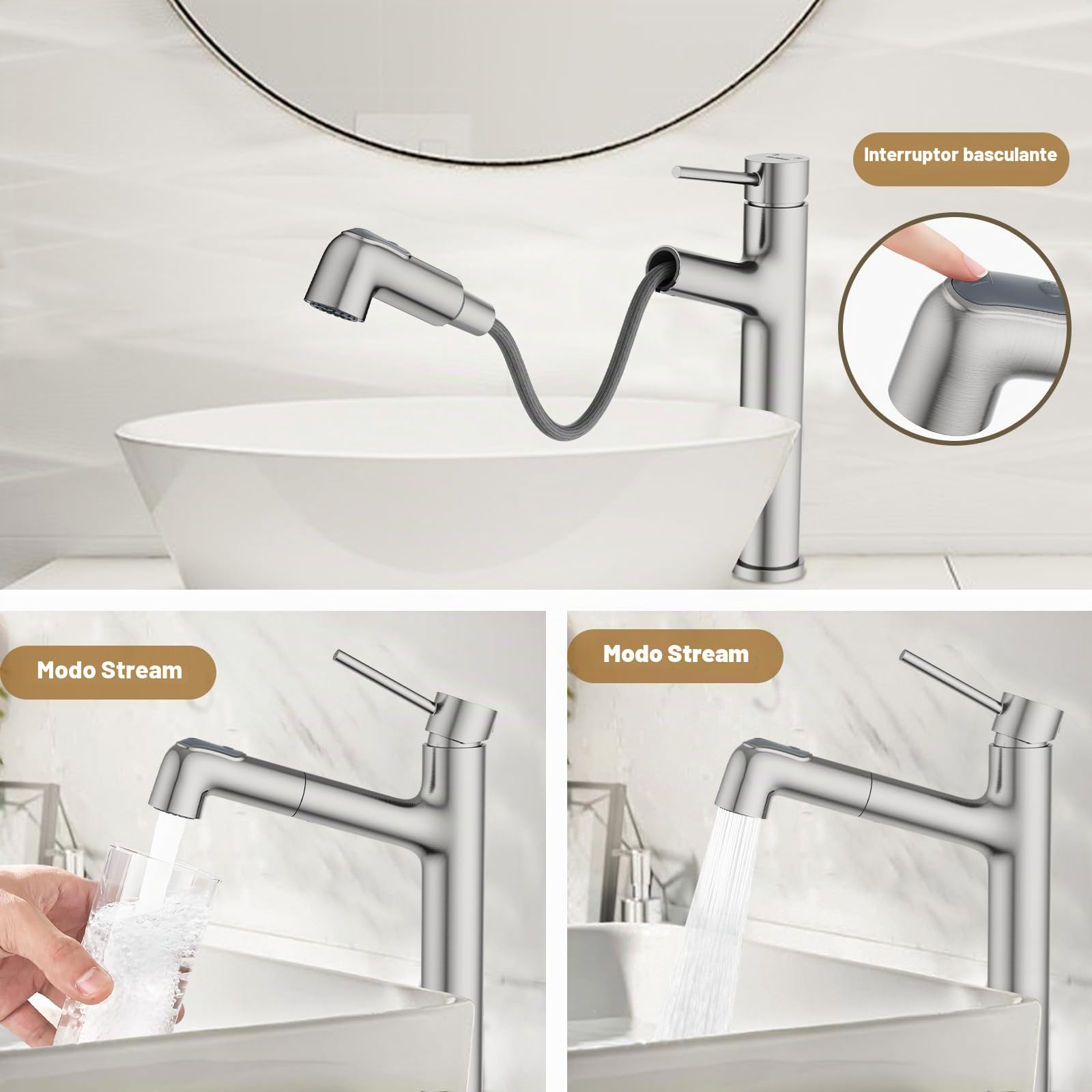 HURRAN Grifo Lavabo, Grifo Lavabo Alto, Grifos para Lavabos de Baño Extraíble con 2 Modos de Caño, Grifo Baño Monomando de Acero Inoxidable, Níquel Cepillado
