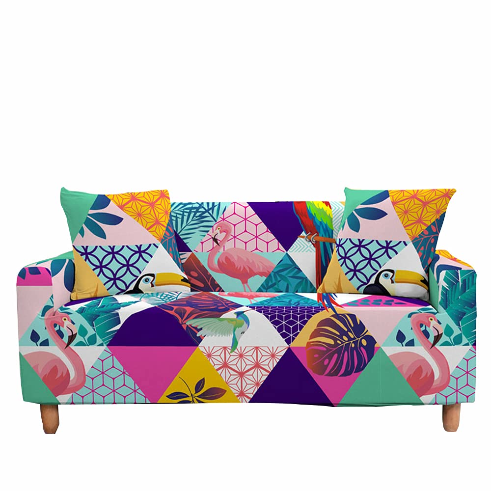 Fansu Flamingo Sofa Cover Stretch Couch Covers, Soft Polyester Spandex Slipcover 3D Patchwork Printed Sofa Universal Loveseat Settee Furniture Cover Pet Friendly Protector (,2 Seater)