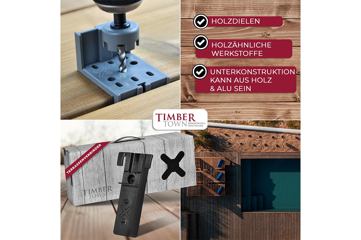 Timbertown DILA C – Unsichtbare Terrassenbefestigung | 300 Kunststoffclips & 750 Edelstahlschrauben | Für Holz- & Aluminium-Unterkonstruktionen