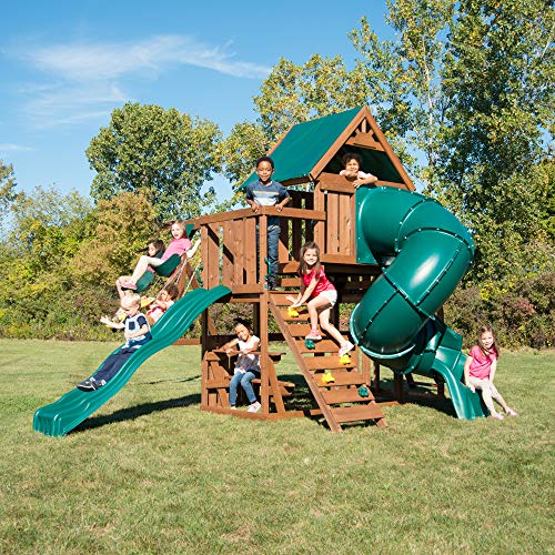 Swing-N-Slide WS 8358 Denali Tower Swing Set with Two Slides, Climbing Wall & Swings, Wood