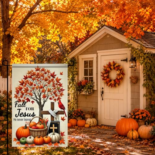 Image of BlissYard Fall for Jesus Garden Flag Christian Cross Pumpkin 12x18 Inch | Double sided polyester, Fall for Jesus cross pumpkin design, cozy Christian decor for Thanksgiving porch and yard
