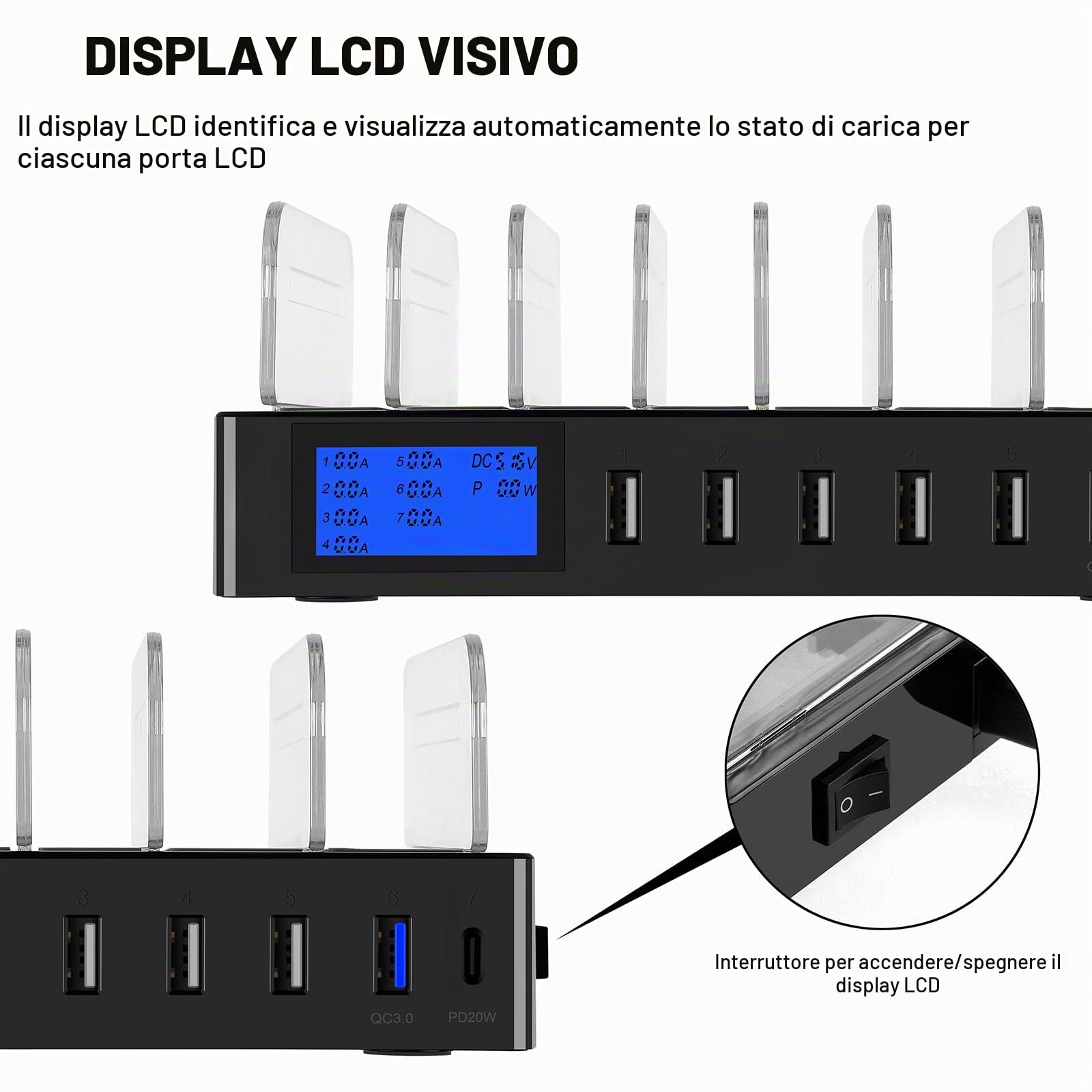 Stazione di ricarica rapida PD20W QC3.0 Multi porte USB, stazione di ricarica 7 in 1 per più dispositivi con display LCD compatibile per iPhone, iPad, Samsung, Huawei e altri (nero)