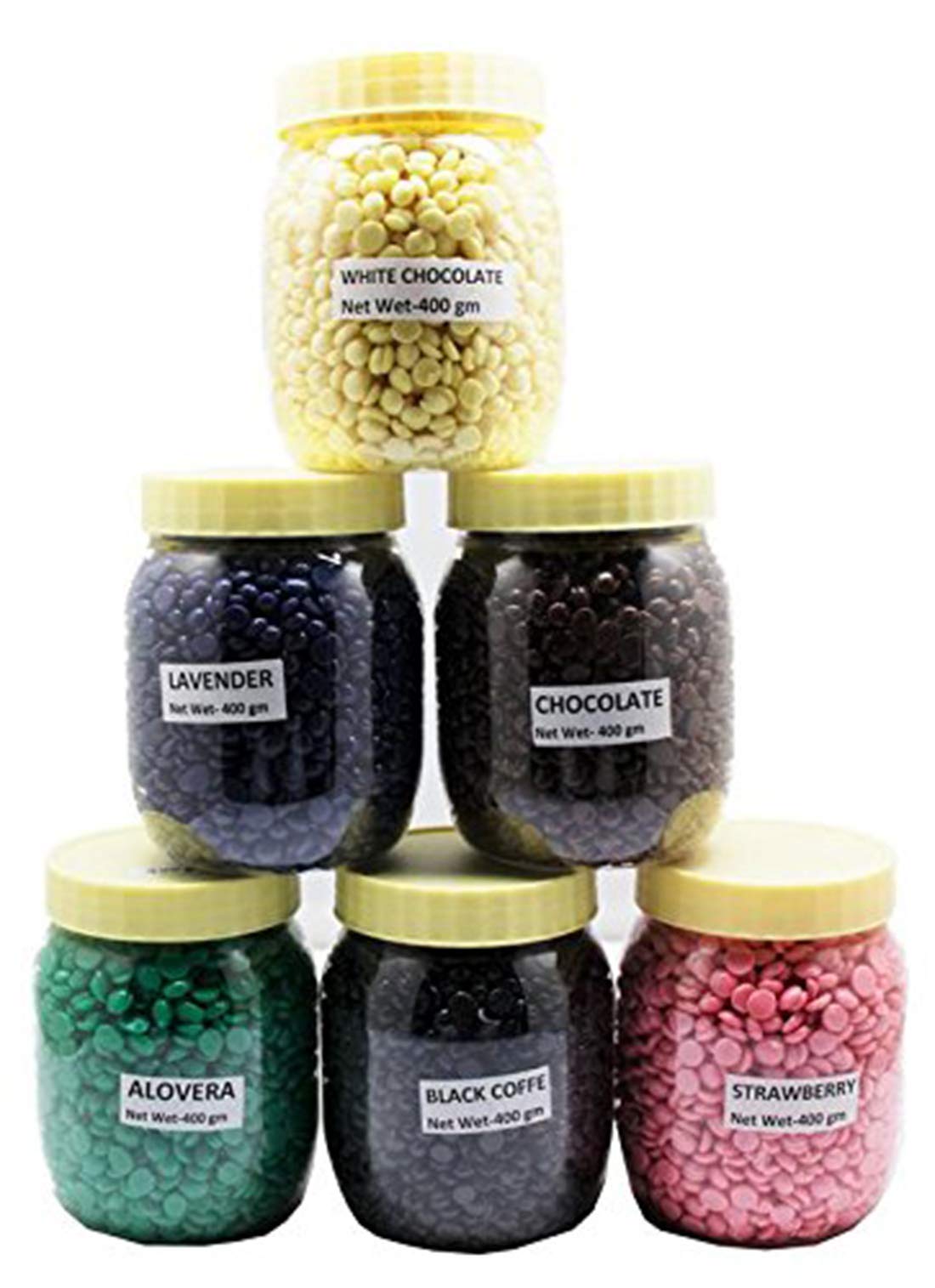 BLUEJACK Hair Removal Hot Wax Beans, 100 gm Combo Pack In 6 Flavors White Chocolate,Lavender,Aloe Vera,Strawberry,Chocolate,Black Coffee Wooden Spatula Wax (600 g, Set of 6) Bag & Jar packing-image-28