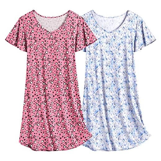Ekouaer Nightgown 2Pack Womens Sleepshirt Soft Sleepwear Nightshirt Flare Short Sleeve Nightdress Leopard & Butterfly M