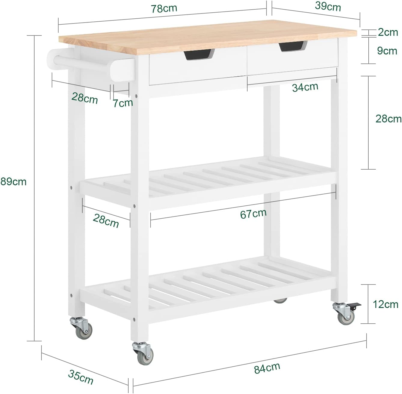 Diagram showing the dimensions of the SoBuy FKW68-WN Kitchen Cart