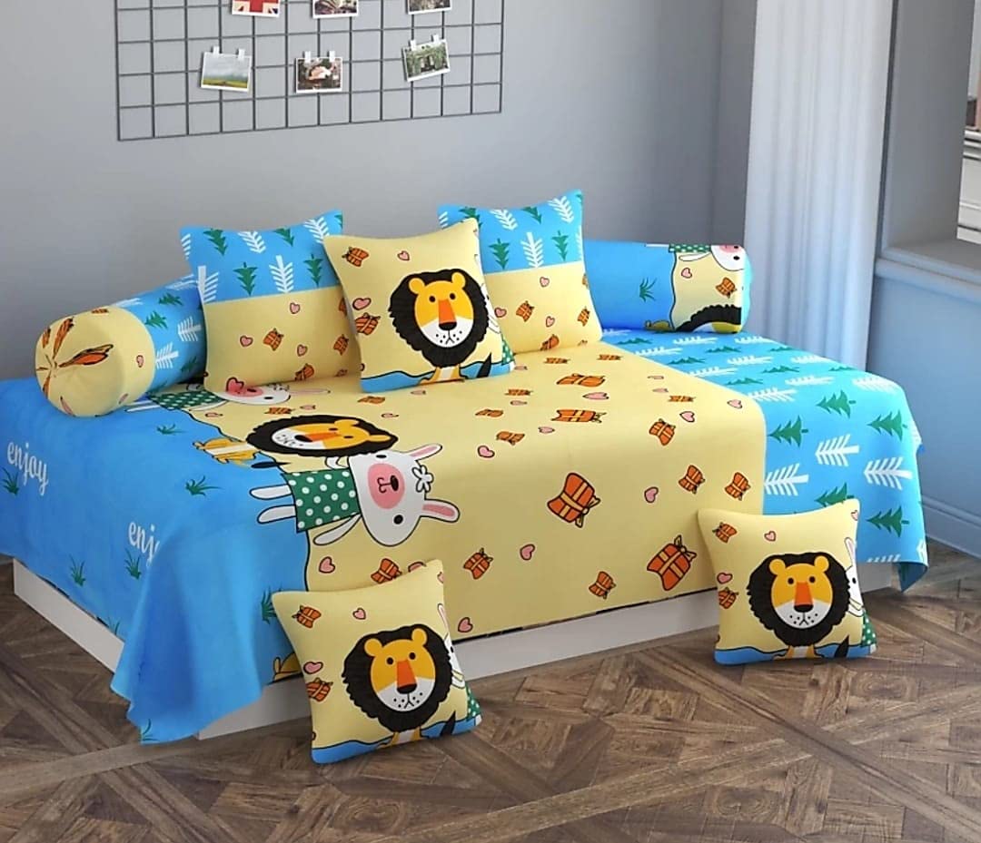 Glace Cotton diwan Set of 8 Pieces (Standard, 5 Cushion Covers, 2 Bolster Cover with Single bedsheet, Giraffe-Beige)-image-26