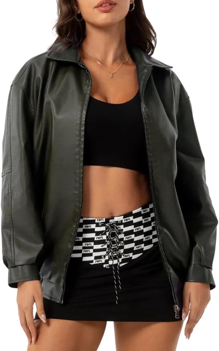 hathne Women's Oversized Leather Jackets Faux Zip Up Fall Fashion Motorcycle Jackets Coats Winter Clothes