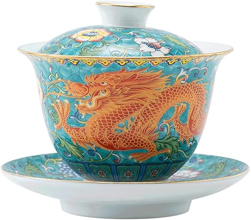 Emoyi Esmalte Gaiwan 5oz5.1 fl oz Taza de té de porcelana verde Sancai Juego de taza de té con tapa de patrón de dragón