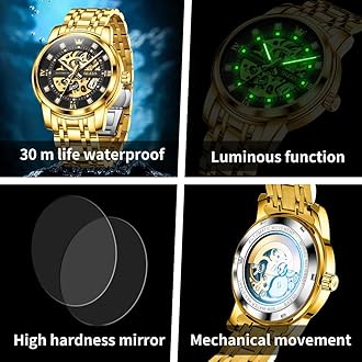 OLEVS Mens Automatic Watch Skeleton Diamond Luxury Mechanical Self Winding Dress Wrist Watch Waterproof Luminous