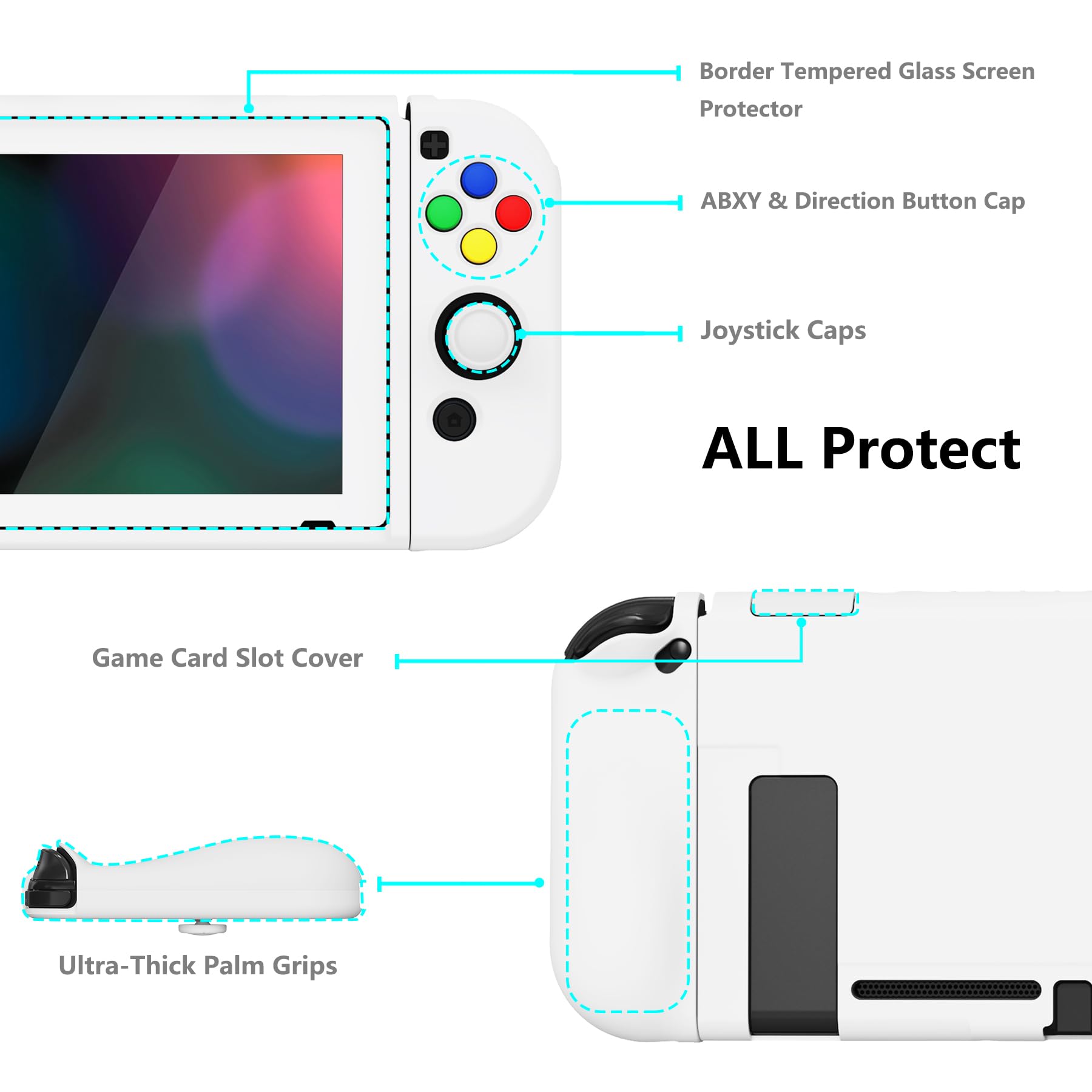 PlayVital ZealProtect Weiche Schutzhülle für Nintendo Switch Konsole Joy Con, Case Hülle Cover Zubehör für Nintendo Switch mit HD Klar Schutzfolie & Sticks Kappen & ABXY Richtungstastenkappen(Weiß) - 5