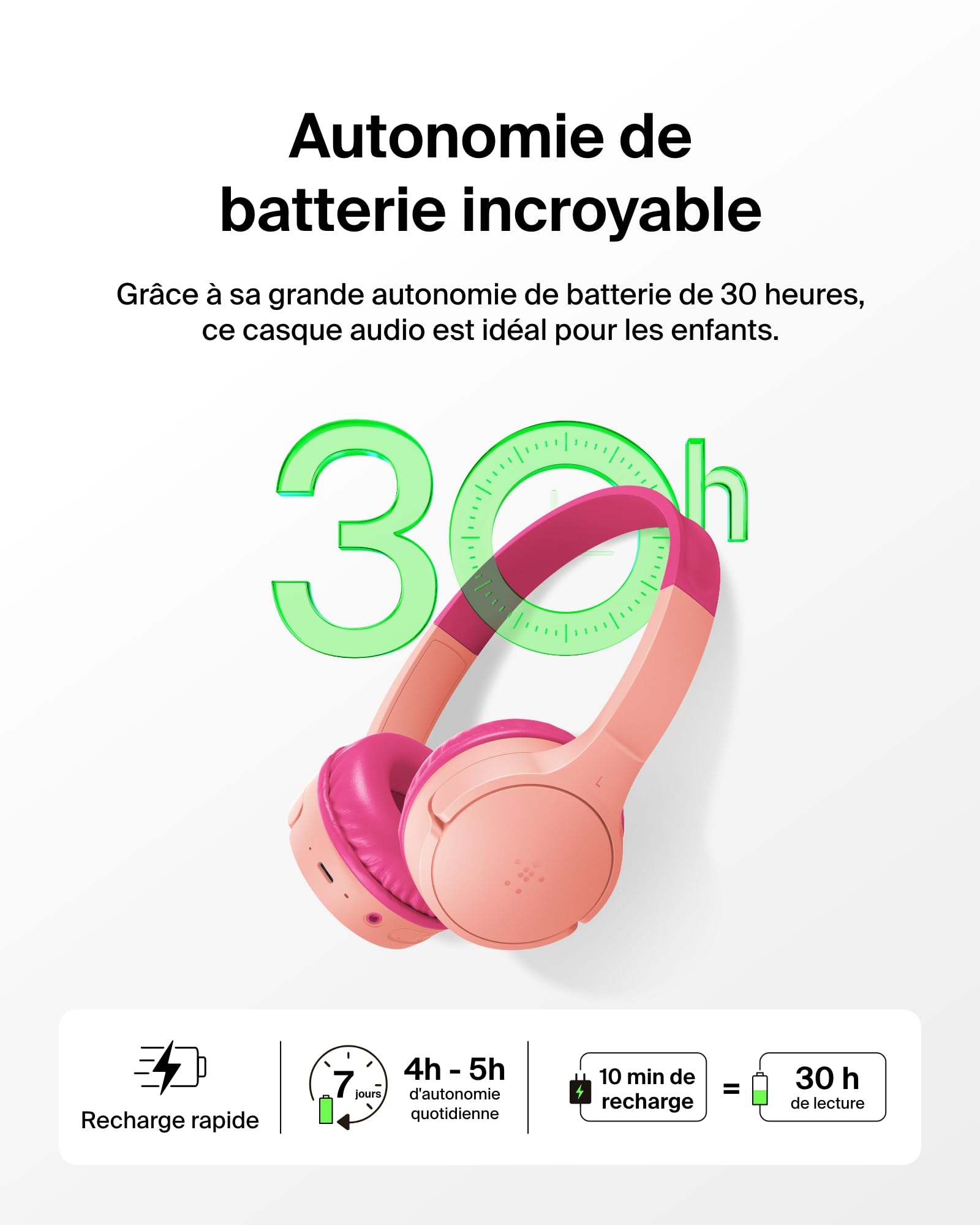Belkin SoundForm Mini Casque Audio sans Fil pour Enfants avec Micro intégré (Circum-aural, autonomie de 30 h, pour Apprentissage, Voyages, Autocollants Amusants, pour iPhone, iPad, Galaxy) - Rose
