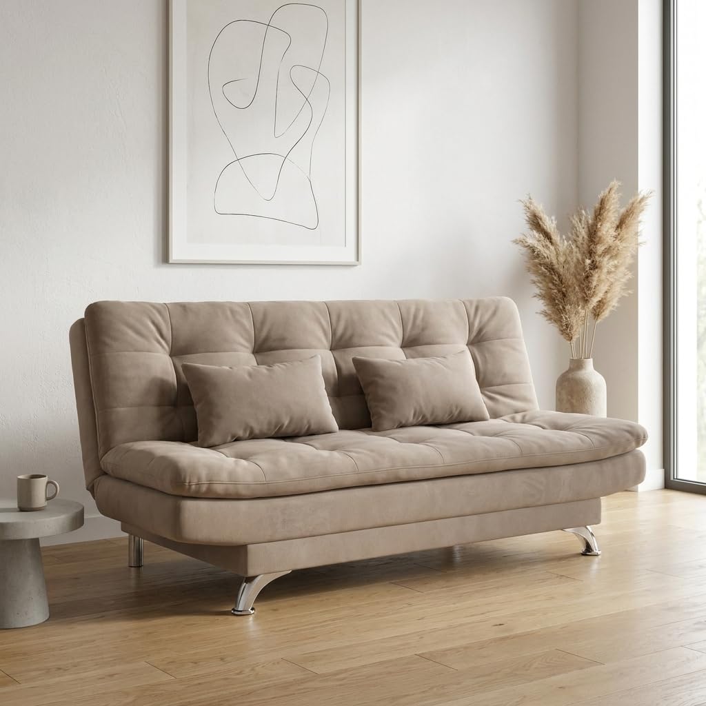 INNOWIN Modern 3 Seater Avantha Sofa Cum Bed Camel Velvet Fabric with Two Cushions Perfect for Home Living Room Office and Guests (Camel)-picture-29