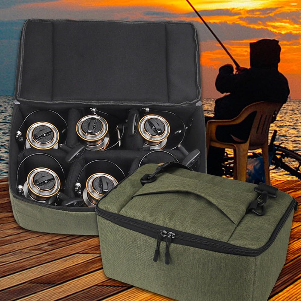 Zoegneer Bolsa de carrete de pesca impermeable con acolchado de algodón perlado resistente a los golpes, portátil con asa de transporte para almacenamiento para cebo y carretes (43 x 26 x 19 cm)
