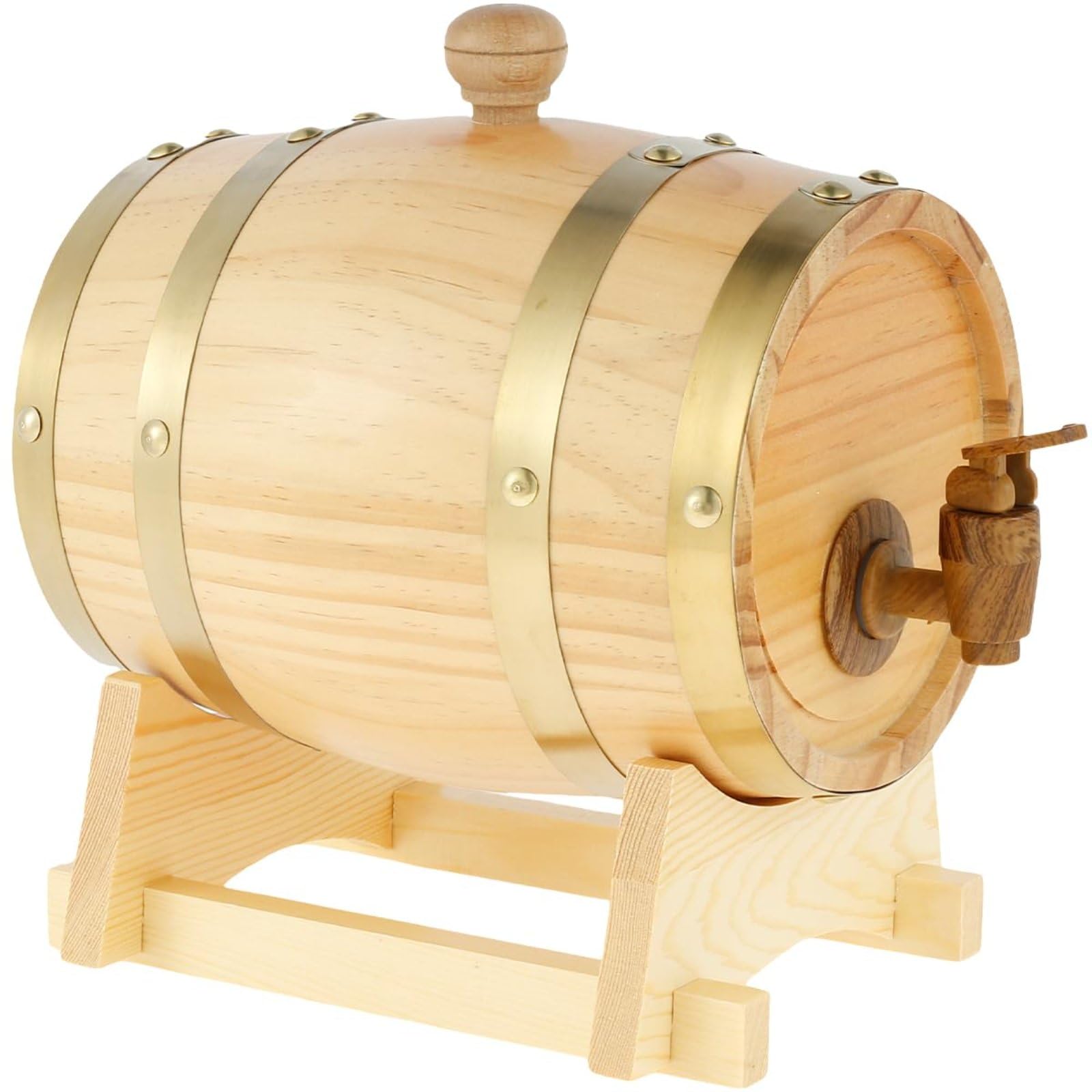 MYUYEE Wooden Barrel 1.5L Pine Wood Beer Barrel Sealing Whiskey Barrel Dispenser Leak Proof Brandy Bucket Storage Holder With Tap & Stand,Wood Color