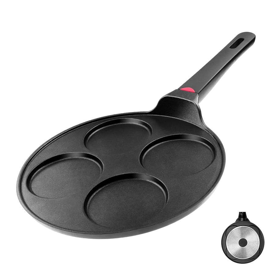 Pancake Pan Nonstick-Suitable for All Stovetops & Induction Cooker, 10.5 Inch Mini Silver Dollar Grill Blini Griddle Crepe Pan, 4 Molds Cake Egg Skillet, 100% PFOA Free Coating