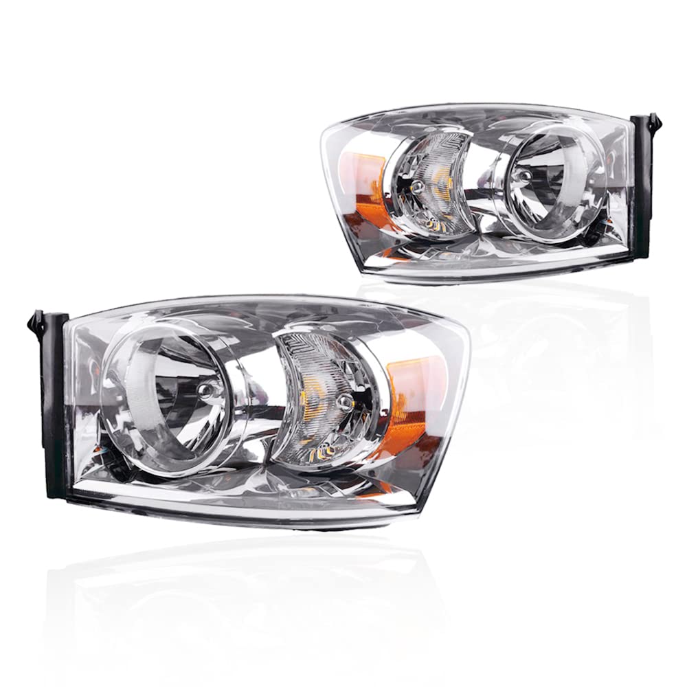 Photo 1 of GOHATI Headlights Assemby for 2006 - 2008 Dodge Ram 1500 2006 - 2009 Ram 2500 3500 Passenger and Driver Side Chrome Housing Amber Refector Clear Lens Headlamps Replace 68003125AB, 68003124AB