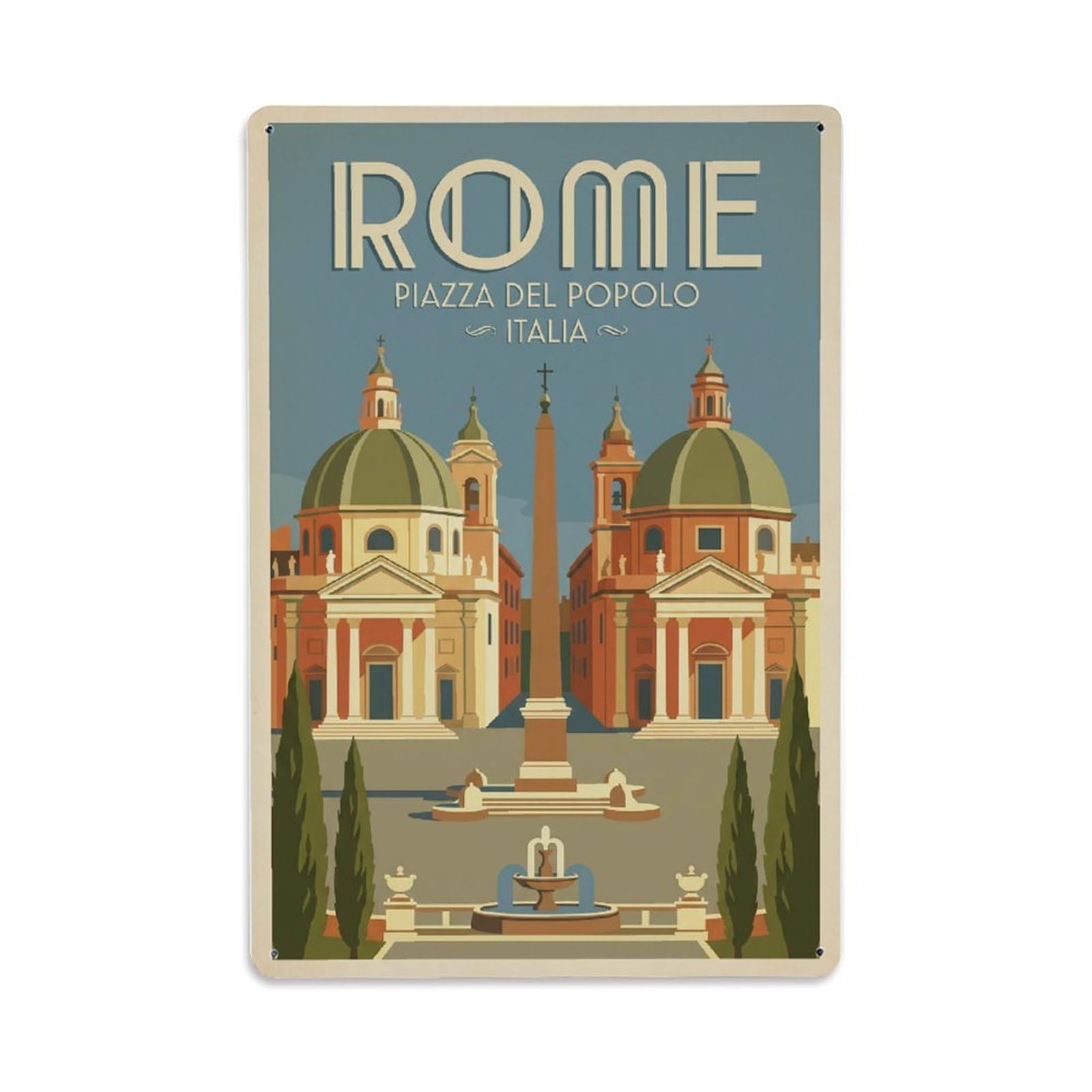 Vintage Travel Rome Piazza Del Popolo Twin Churches Obelisk Italy Metal Tin Sign Plaque Wall Decor for Cafe, Club Bar, Office, Home Garden Metal Poster 8x12Inch