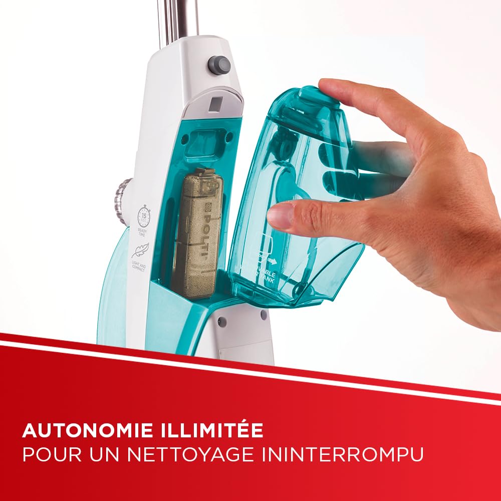 Polti Vaporetto SV450 Double, Balai Vapeur 2-en-1 avec Nettoyeur à Main, 13 Accessoires Inclus et Serpillères Supplémentaires, Réservoir Amovible de 0,3 l, Bleu Clair et Blanc