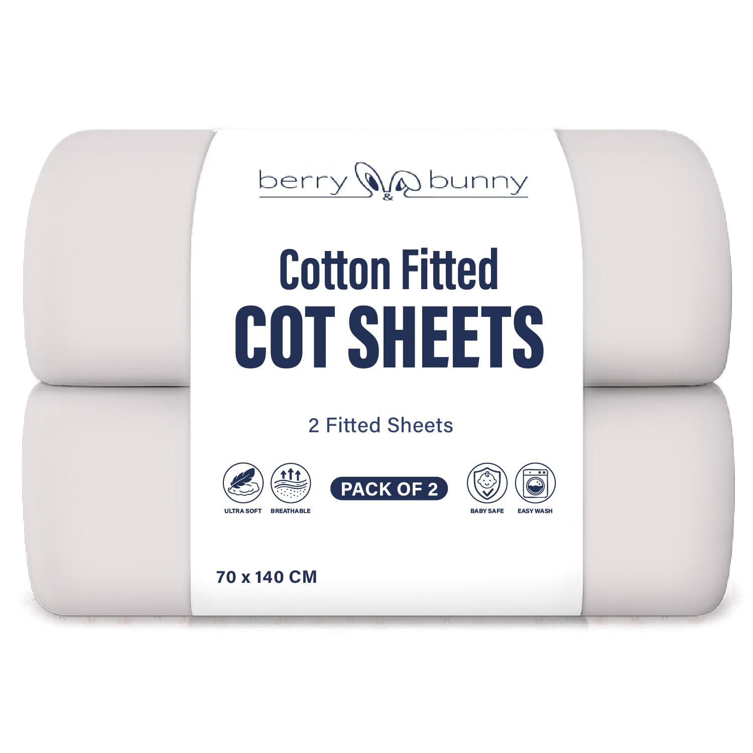 Berry & Bunny Light Gray + Light Gray Berry And Bunny 100% Cotton Jersey Cot Bed Sheets Pack Of 2, Soft Breathable Elasticated Baby Cot Fitted Sheets 140 X 70Cm, Deep Fitted Sheet, Toddler Bedding All Seasons