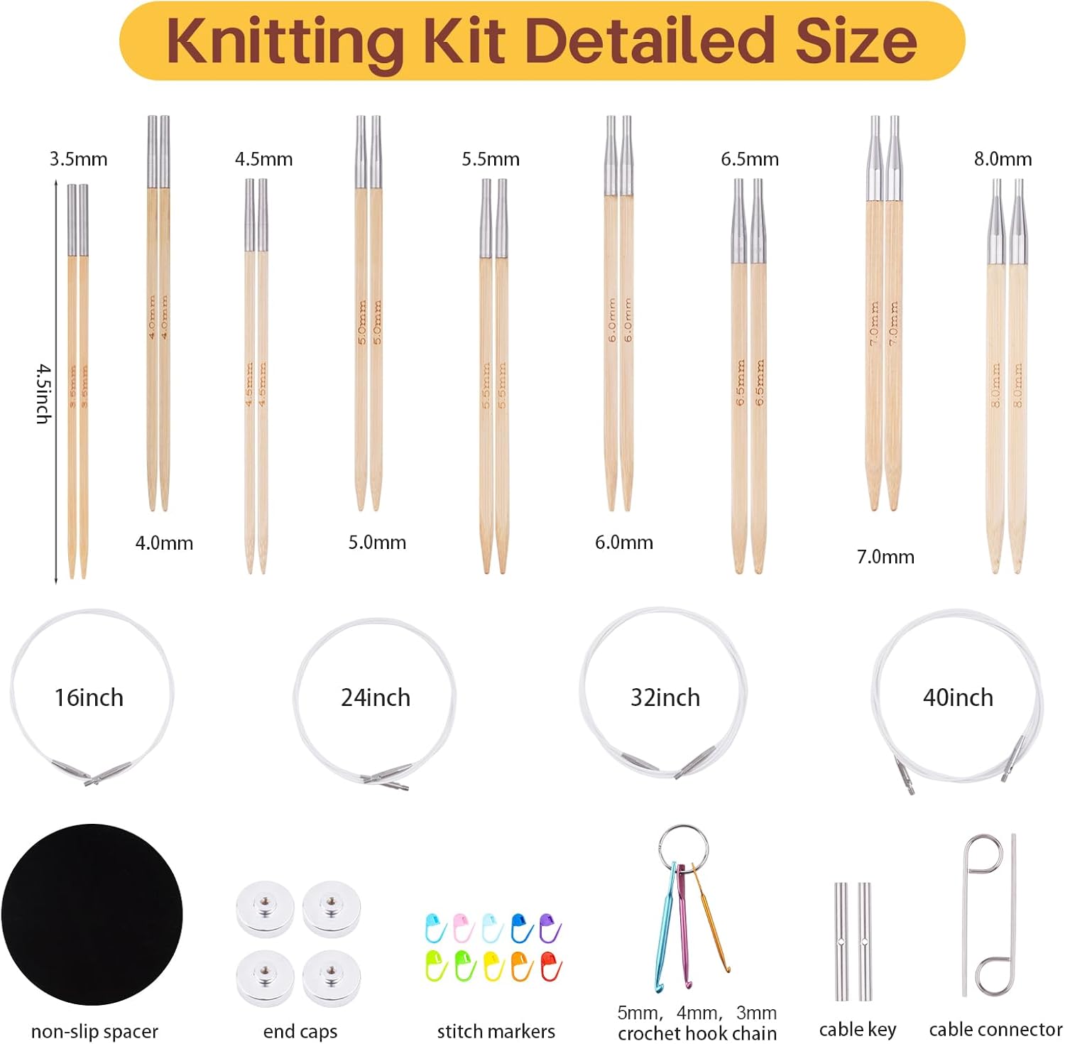 Mdoker Circular Knitting Needles Set with Case,9 Pairs Square Interchangeable Knitting Needles of Bamboo Cubic Circular Needle,Square Circular Needles(3.5mm-8mm)