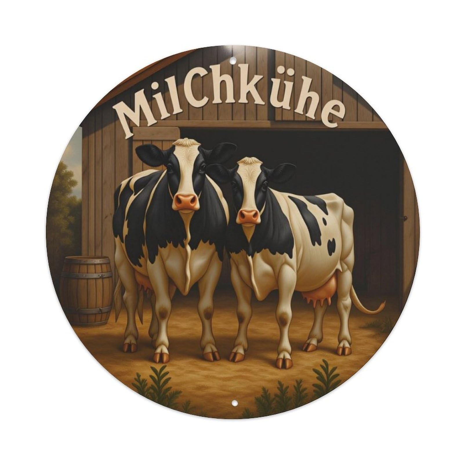 Farm Dairy Cow Vintage German Round Decor Sign Vintage Aluminium Metal Sign, Retro Wall Decor for Home, Bar, Garage & Farmhouse 20x20cm