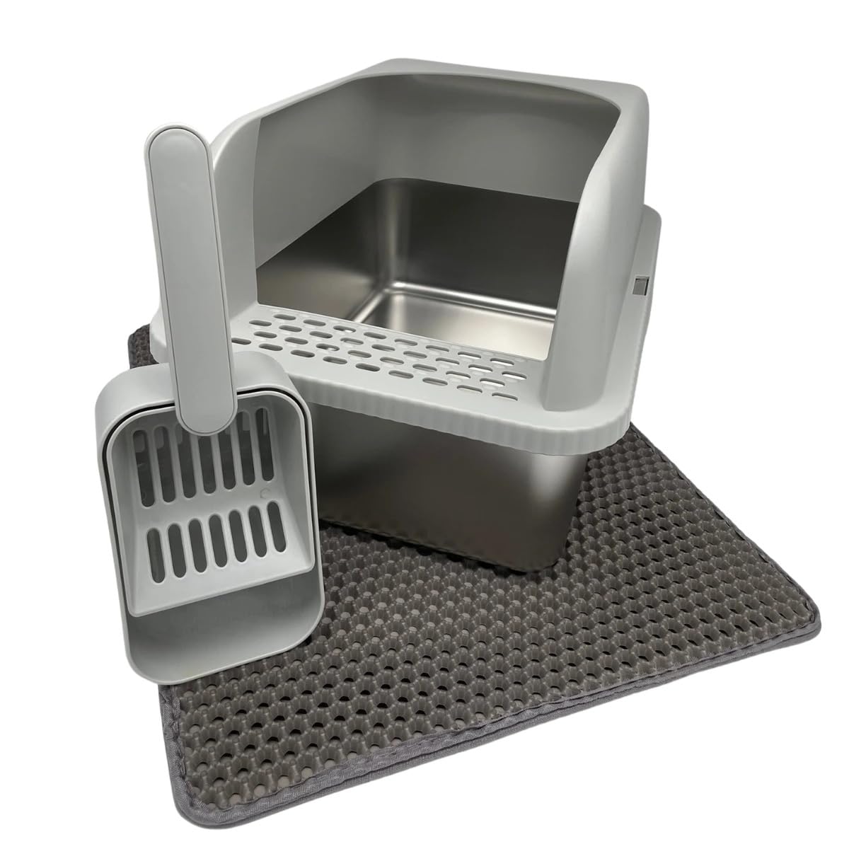 Edelstahl Katzentoilette mit hohem Rand, Katzenklo Offen mit Streu-Auffangmatte & Schaufel, Geruchsneutral & Leicht zu Reinigen, 36x30x51cm Toiletten-Set für Katzen, Hellgrau